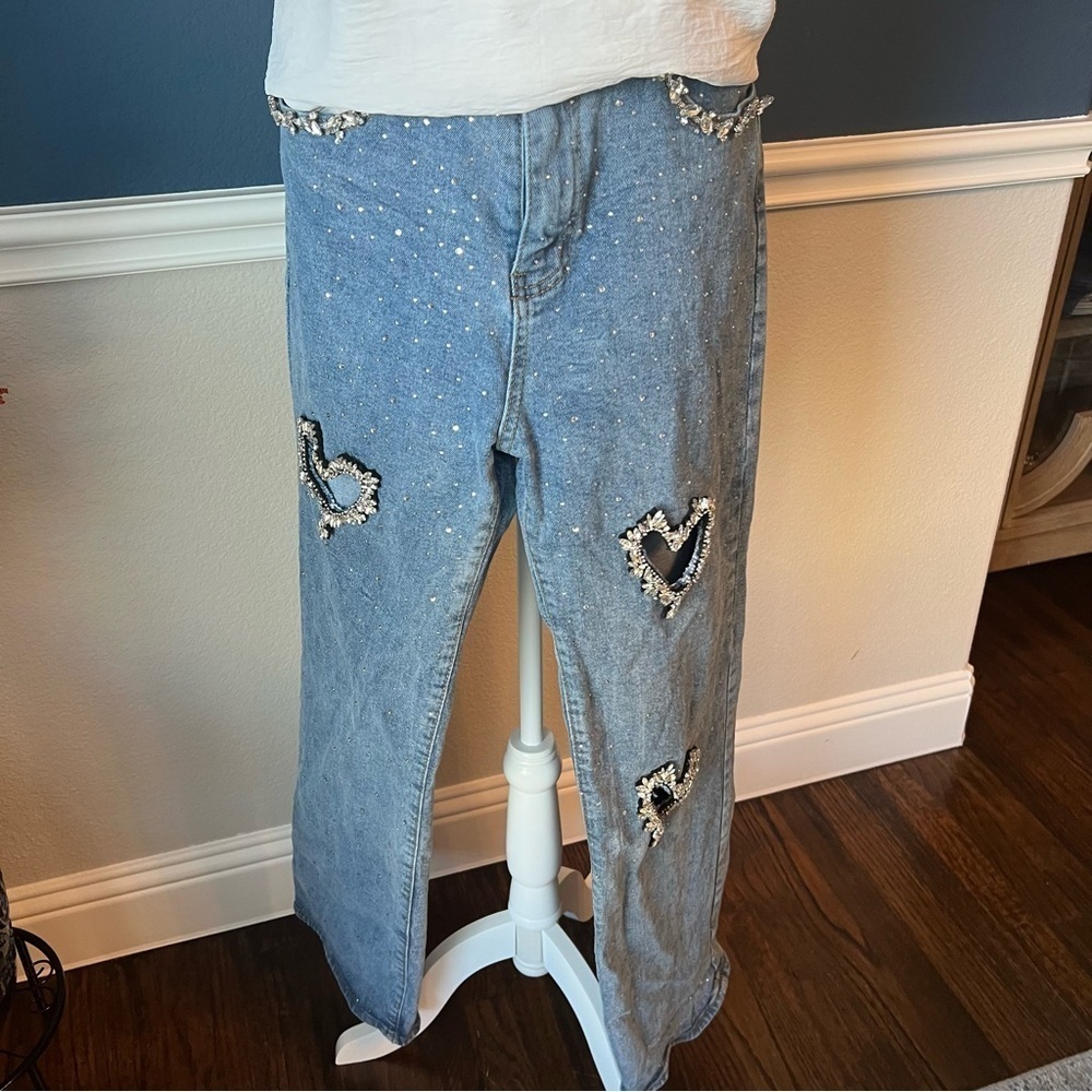 Stylish Rhinestone and Hearts High Rise Jean - Size Medium - Picture 2 of 12